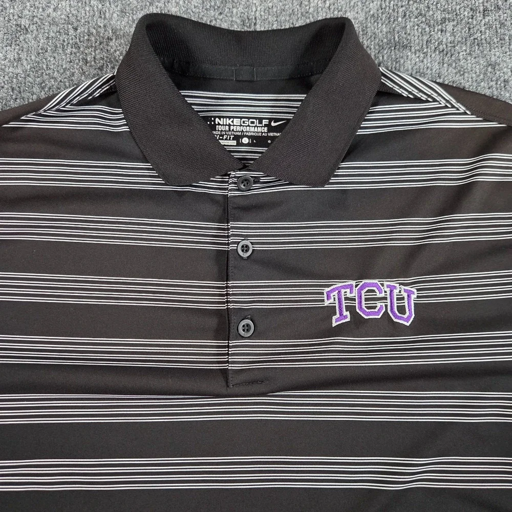 TCU Horned Frogs Nike Golf Tour Performance Polo Shirt Mens L Black White Stripe